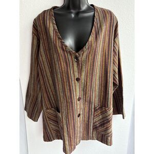 Vintage Ideas 4 Elements Striped Linen Cardigan Plus Size 2X Brown Lagenlook